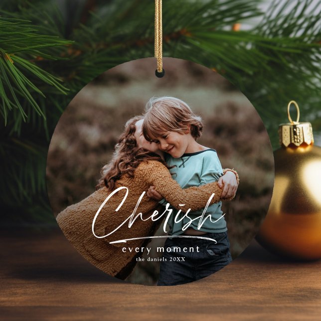 Décoration En Céramique Simple Script 2 Photo Christmas Holiday (Simple script cherish every moment 2 photo christmas tree holiday ornament.)