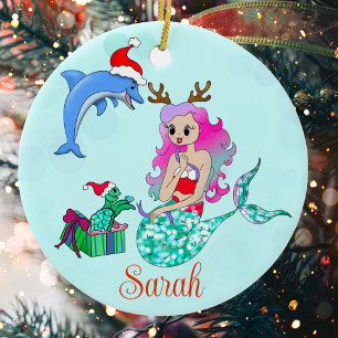 Décoration En Céramique Sirène de Noël Ouverture des cadeaux Nom