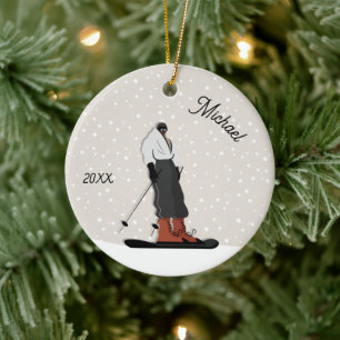 Décoration En Céramique Skiing Boy Silhouette Winter Sport Kid Name & Year