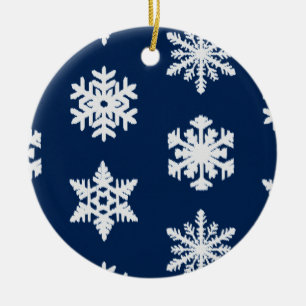 Décoration En Céramique Snowflakes Ikat - Blanc et Bleu Marine