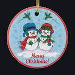 Décoration En Céramique Snowman<br><div class="desc">C'est un unique ornement de Noël "One Of A Genre" ! M. & Mme Frosty Le Snowman se promène dans un "pays des merveilles hivernales enneigé" ! Peinture d'art original par l'artiste Kerry Miller.</div>