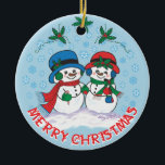 Décoration En Céramique Snowman<br><div class="desc">C'est un "One Of A Kind" unique ornement de Noël Snowman ! M. & Mme Frosty Le bonhomme de neige se promène dans un pays d'hiver enneigé ! Peinture d'art original par l'artiste Kerry Miller.</div>