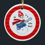 Décoration En Céramique Snowman Jouant à la guitare de rock électrique<br><div class="desc">Un bonhomme de neige cool jouant des chansons de Noël sur sa guitare à rock électrique. Dit "Rock" Un arrière - plan rayé rouge et blanc.</div>