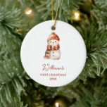 Décoration En Céramique Snowman Nom Baby's First Christmas<br><div class="desc">Premier ornement en céramique de Noël pour bébé rose mignon (Modifier)</div>