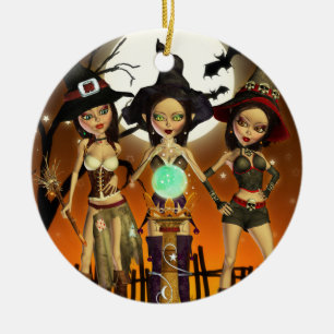 Décoration En Céramique Soeurs trois sorcières Ornament rond Halloween