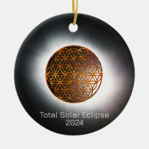 Décoration En Céramique Solar Eclipse 2024 Gold Sparkling Flower of Life
