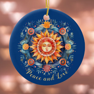 Décoration En Céramique Soleil d'or et Mandala Floral Paix et Amour bleu