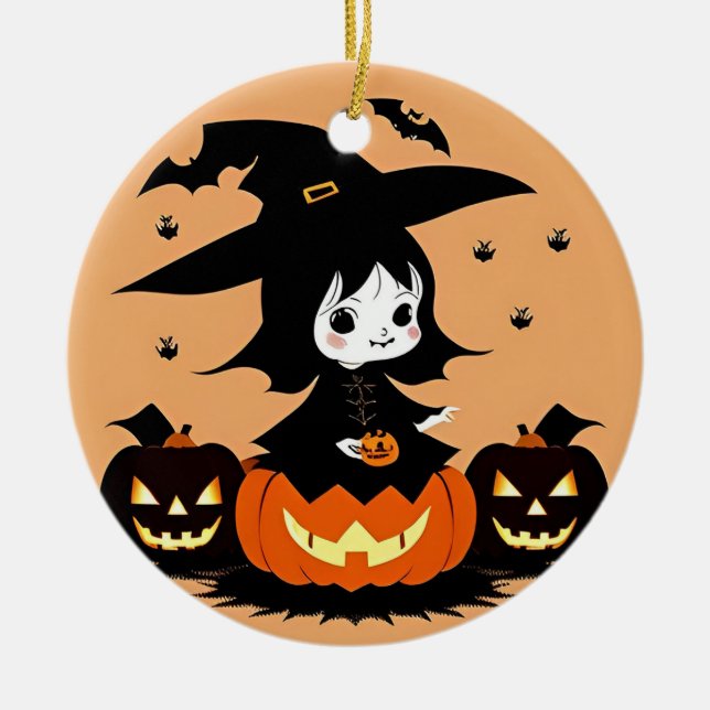 Décoration En Céramique Sorcière d'Halloween avec citrouilles (Devant)
