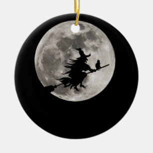 Décoration En Céramique Sorcière volante avec une lune brillante derrière 
