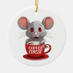 Décoration En Céramique Souris adorable à la caféine dans une tasse rouge
