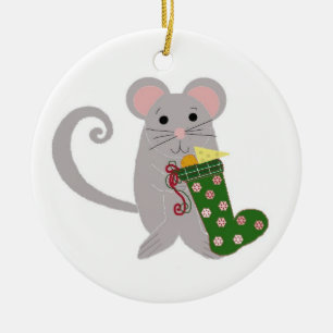 Décoration En Céramique Souris de Noël avec chaussette verte