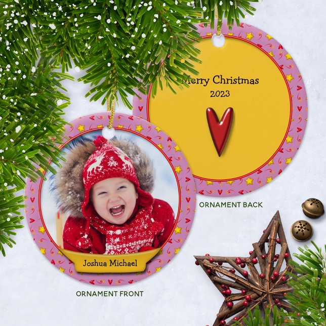 Décoration En Céramique Souvenirs de Noël commémoratifs ・ Coeurs et étoile (Ceramic Photo Keepsake Christmas Ornament with Year)