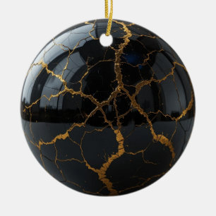 Décoration En Céramique Sphère obsidienne polie avec des veines d'or fondu
