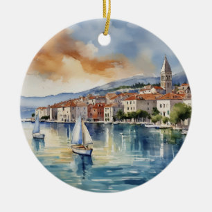 Décoration En Céramique Split Croatie Voilier Aquarelle