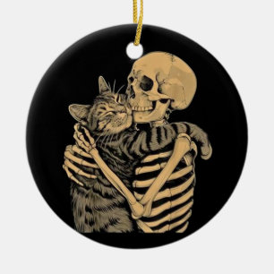 Décoration En Céramique Squelette qui étreint un chat – Cadeau mignon pour