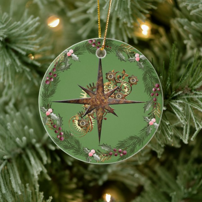 Décoration En Céramique Steampunk Compass Star & Wreath personnalisable (Arbre)
