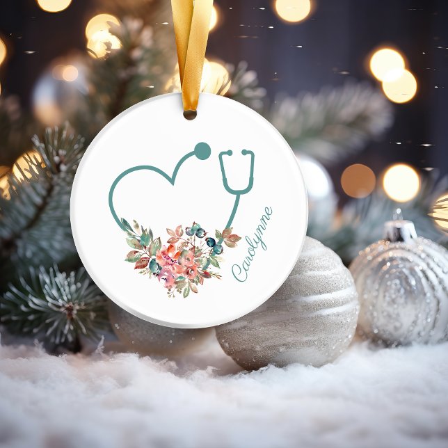 Décoration En Céramique Stethoscope floral Coeur Infirmière Médicale Aide  (Teal Turquoise Floral Stethoscope Heart Medical Nurse Caregiver Ceramic Ornament)