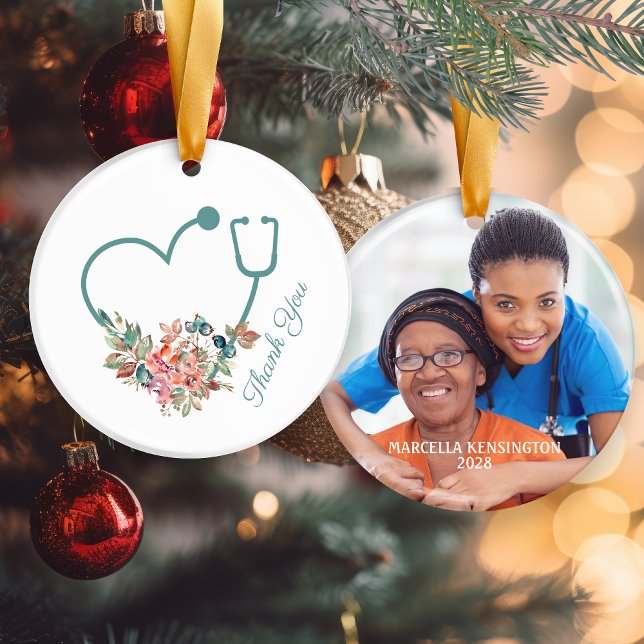 Décoration En Céramique Stethoscope floral Coeur Merci aideur photo (Floral Stethoscope Heart Caregiver Thank You Photo Ceramic Ornament)