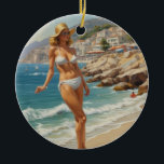 Décoration En Céramique Style vintage French Riviera Travel Beach Girl<br><div class="desc">Publicité vintage de Voyage en France et en Europe - Illustration Plage,  village,  personnes,  mer bleue et ciel</div>