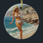 Décoration En Céramique Style vintage French Riviera Travel Beach Girl<br><div class="desc">Publicité vintage de Voyage en France et en Europe - Illustration Plage,  village,  personnes,  mer bleue et ciel</div>