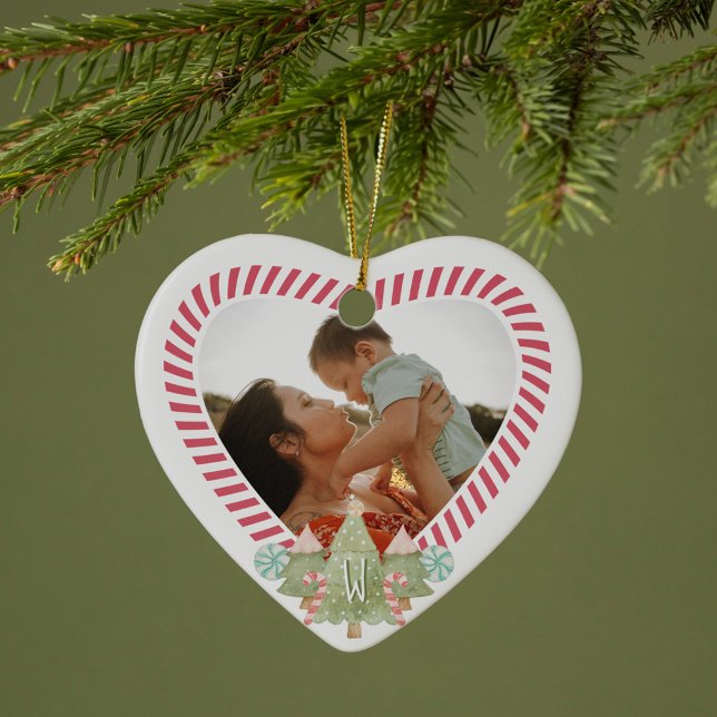 Décoration En Céramique Sucre de canne amusant Coeur Photo Cadre Monogramm (Fun Candy Cane Heart Photo Frame Monogram Keepsake Ceramic Ornament)