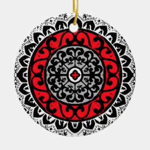 Décoration En Céramique Sud-Ouest Sun Mandala, Rouge, Noir et Blanc