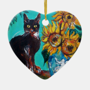 DÉCORATION EN CÉRAMIQUE SUNFLOWERS WITH BLACK CAT IN BLUE TURQUOISE HEART