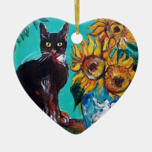 DÉCORATION EN CÉRAMIQUE SUNFLOWERS WITH BLACK CAT IN BLUE TURQUOISE HEART (Devant)