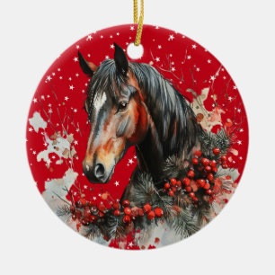 DÉCORATION EN CÉRAMIQUE SUPERBE CHEVAL DE NOËL BRUN ET BLANC