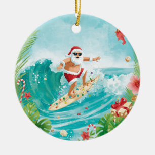 Décoration En Céramique Surf de Noël avec le Père Noël surfeur