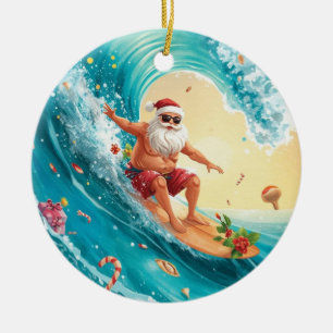 Décoration En Céramique Surf de Noël avec le Père Noël surfeur