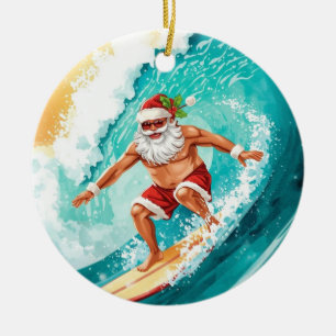 Décoration En Céramique Surf de Noël avec le Père Noël surfeur