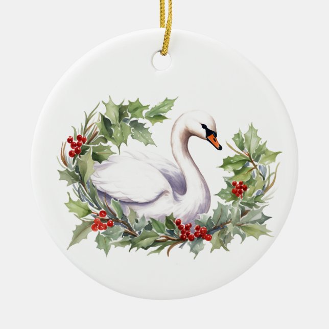 Décoration En Céramique Swan de Noël avec couronne de Noël (Devant)
