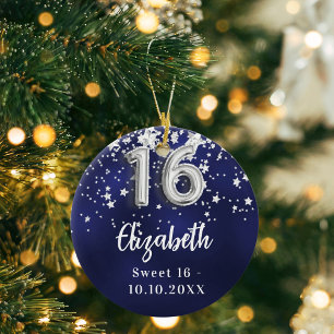 Décoration En Céramique Sweet 16 étoiles bleu marine en argent