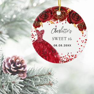 Décoration En Céramique Sweet 16 fleurs de robe rouge blanc