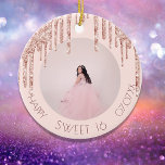 Décoration En Céramique Sweet 16 photo rose gold glitter<br><div class="desc">An ornament for a girly and glamorous Sweet 16, 16th birthday. A rose gold, pink background and decorated with rose gold faux glitter drips, paint dripping look. Personalize and add a photo, age and a date. Dark rose gold colored text. Perfect as party decoration, favor, keepsake or as a gift....</div>