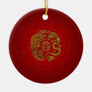 Décoration En Céramique Symbole du Bonheur Double avec Phoenix et Dragon
