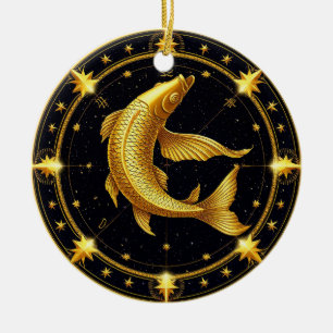 Décoration En Céramique Symbole du zodiaque Poissons dorés entouré d'étoil