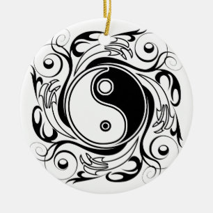 Décoration En Céramique Symbole Yin & Yang noir et blanc de style tatouage