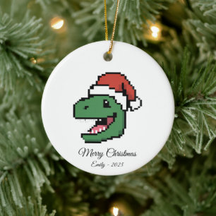 Décoration En Céramique T-Rex Dinosaure Chapeau de Père Noël Pixel Art Cad