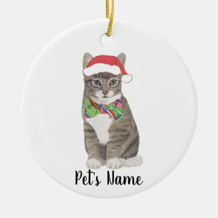 Décoration En Céramique Tabby Cat personnalisé (Gris) Cravate Santa Hat &