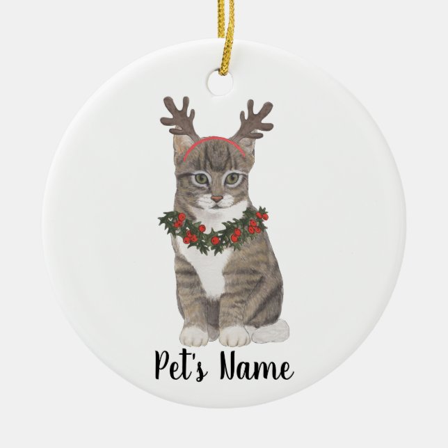 Décoration En Céramique Tabby Gris Personnalisé Chat Holly Wreath & Antler (Devant)