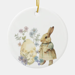 Décoration En Céramique Tablier de Pâques rétro aquarelle œuf et lapin