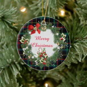 Décoration En Céramique Tartan de Noël festif avec couronne et salutation
