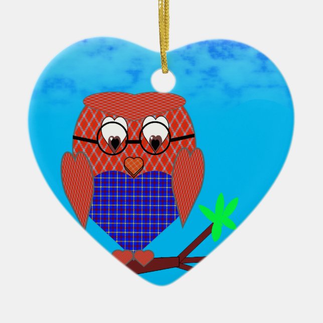 Décoration En Céramique Tartan et Chouette des Coeurs (Devant)