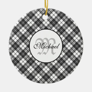 Décoration En Céramique Tartan motif Noël noir blanc Monogramme
