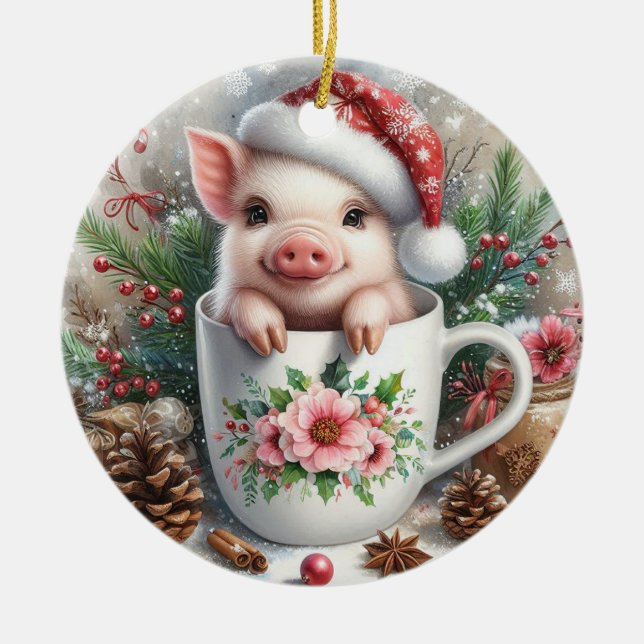 Décoration En Céramique Tasse de Noël Cochon (Devant)