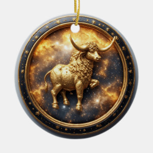 Décoration En Céramique Taureau doré en or dans une roue zodiacale circula