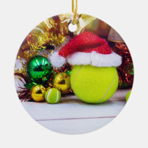 Décoration En Céramique Tennis ball avec chapeau de Santa pour Noël