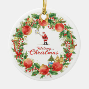 Décoration En Céramique Tennis Noël avec le Père Noël avec couronne de bal